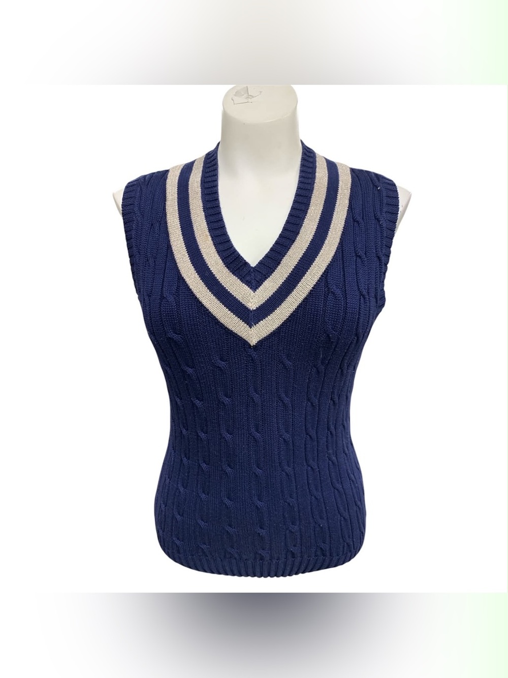 Ralph Lauren Navy Cable-Knit V-Neck Sweater Vest with Cream Trim Size M